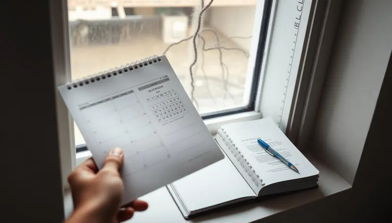 Kalender og notesbog ved vindue i nybygget bolig
