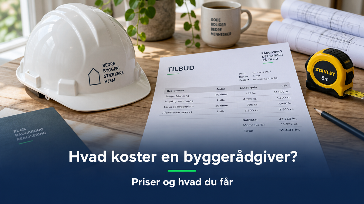 Hjelm, målebånd og tilbudsark på bordet — hvad koster en byggerådgiver