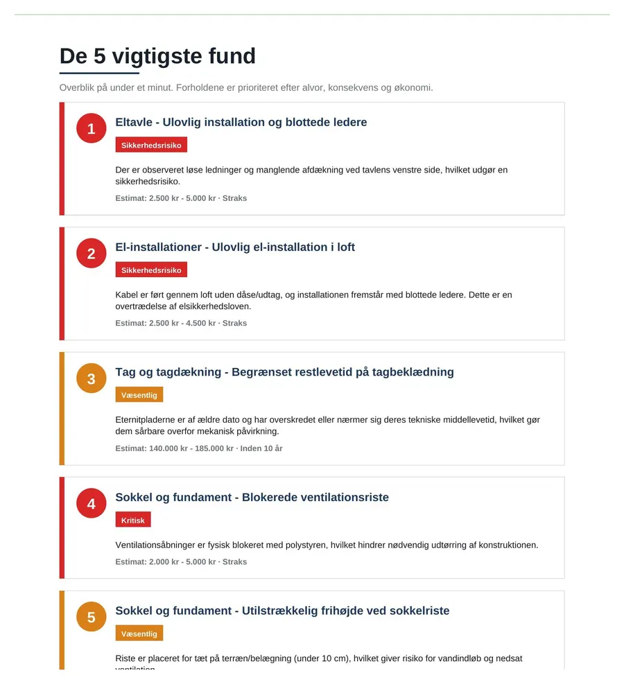 Udsnit af skriftlig dokumentation med registrerede observationer fra et byggetilsyn
